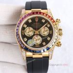 Rolex Daytona Rainbow Diamond Black Dial Oysterflex Strap Watch Replica 